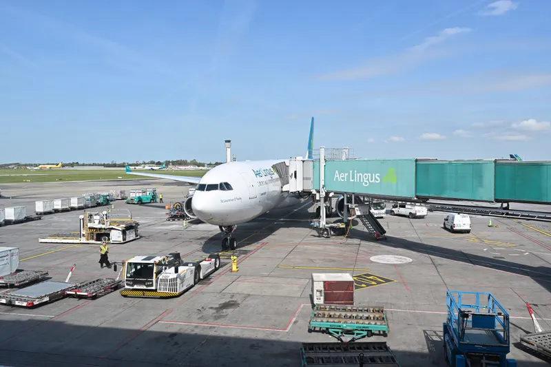 An Aer Lingus aircraft at a gate at Dublin Airport