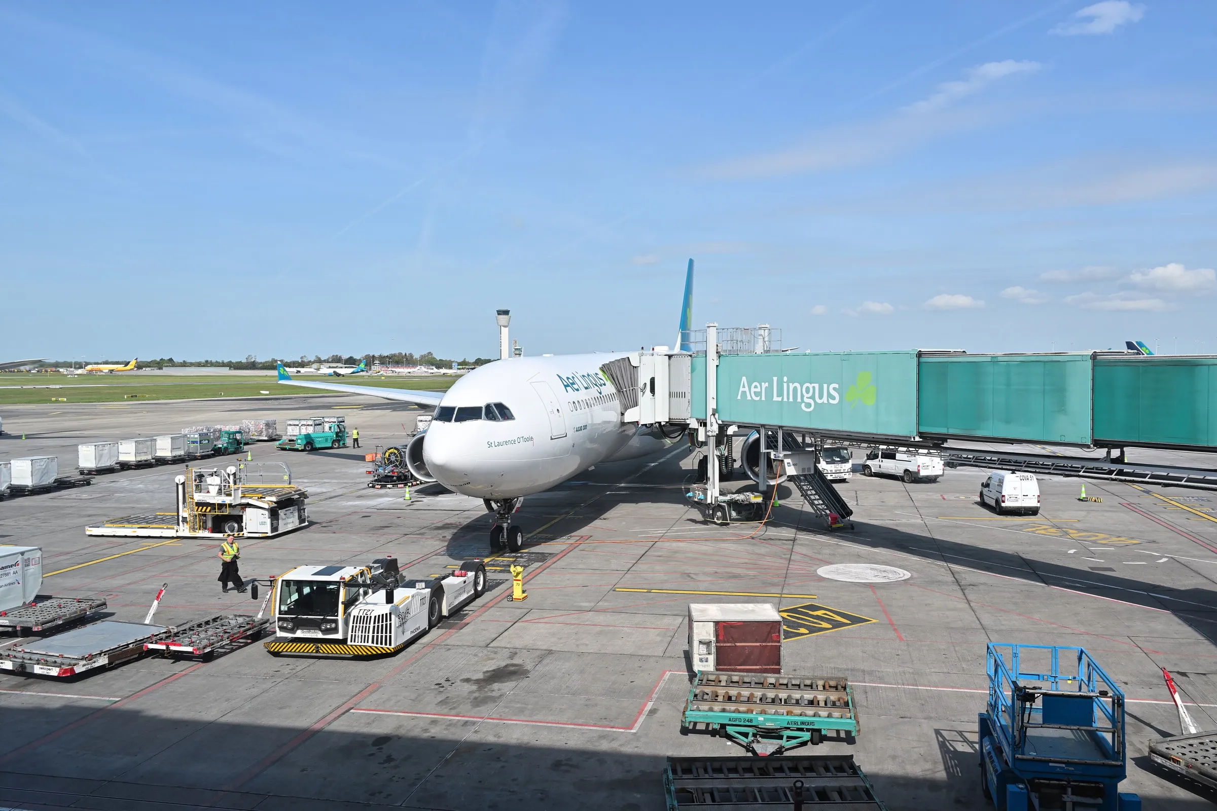 An Aer Lingus aircraft at a gate at Dublin Airport